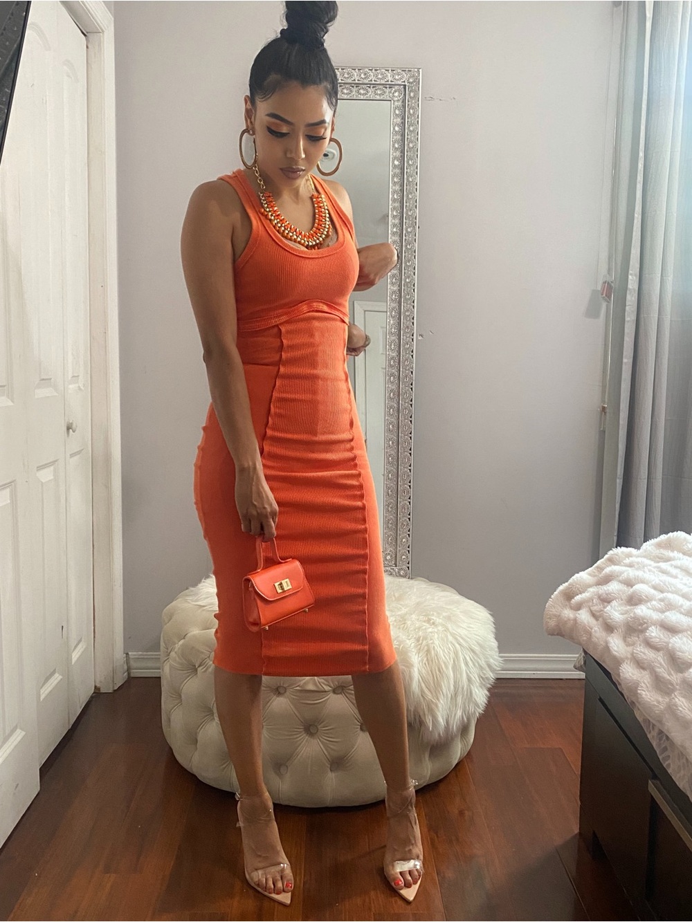 Fashion Nova Orange Ribbed Tank Midi Dress